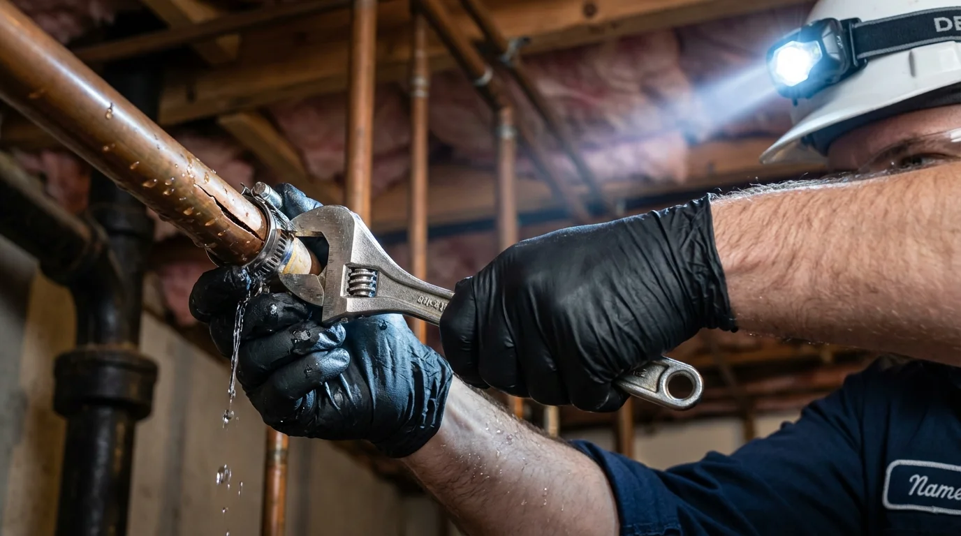 Emergency pipe clamp repair being performed by a Johns Plumbing LLC plumber in Knox City