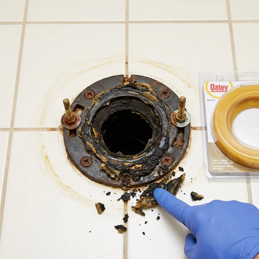 Failed wax ring showing water seepage at the base of a toilet in a Knox City, TX home